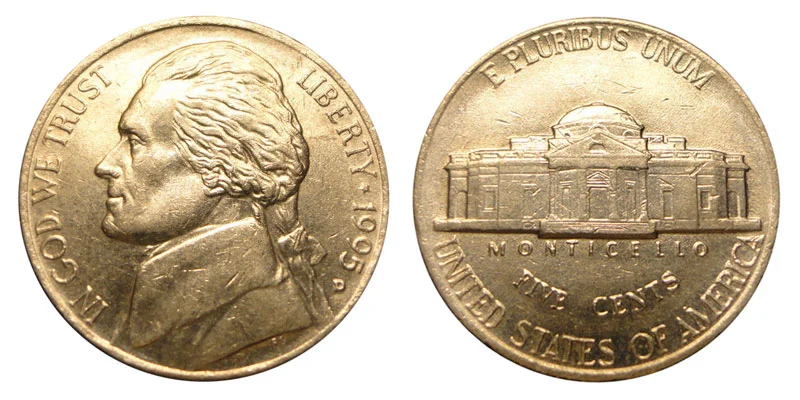 1995 Jefferson nickel obverse and reverse showing Thomas Jefferson portrait and Monticello