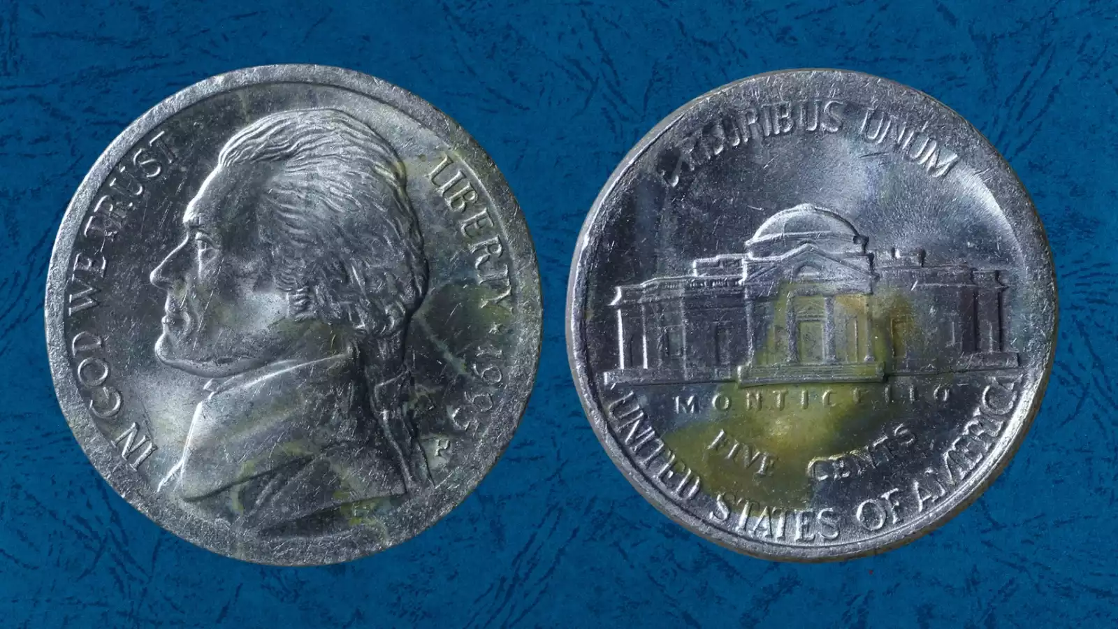 1995 Jefferson nickel broadstrike error showing expanded diameter, flat rim, and spread design