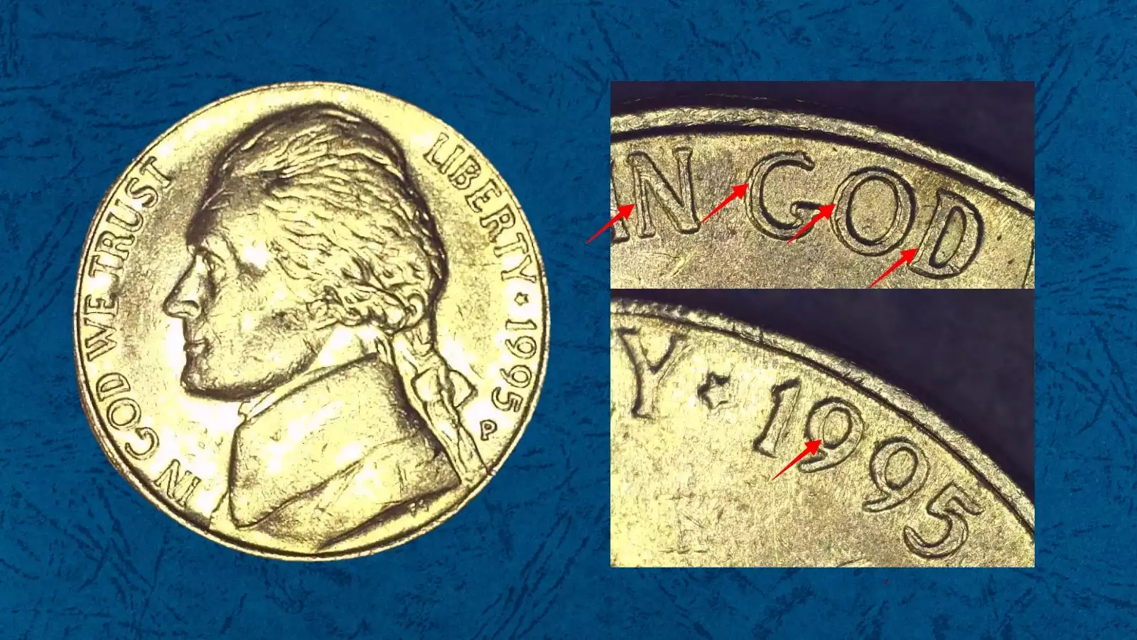 1995 Jefferson nickel doubled die obverse error showing visible doubling in date and lettering under magnification
