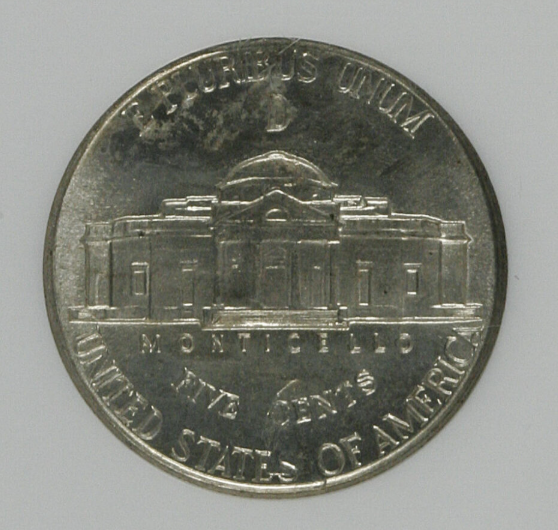1995 Jefferson nickel lamination error showing peeling metal flap and surface delamination