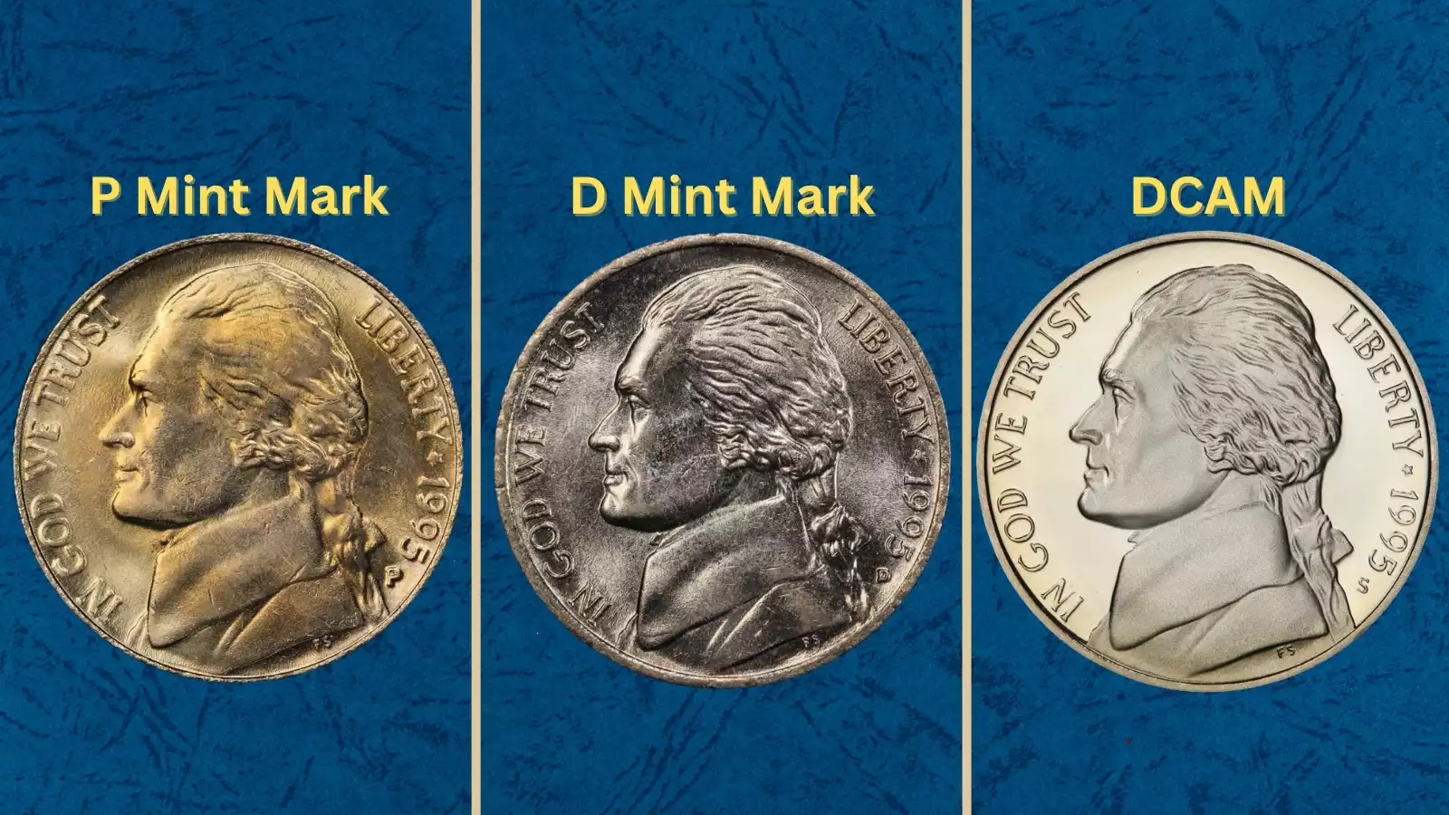 1995 Jefferson nickel mintage overview — Denver Mint facility or group of typical 1995 nickel specimens