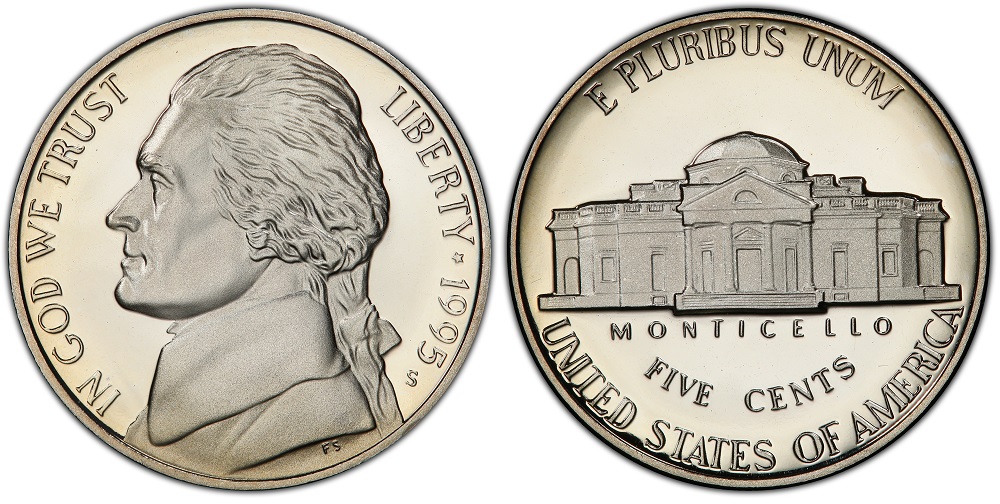 1995 Jefferson nickel grading strip showing four condition levels: worn, circulated, uncirculated, and gem MS